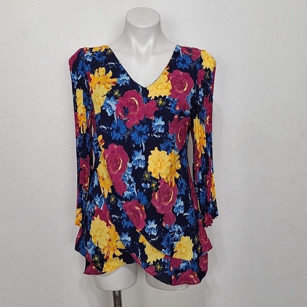 Laurie Felt Multicolor Floral Retro Bohemian Pleated Bell Sleeve Blouse Size XXS - Picture 2 of 13